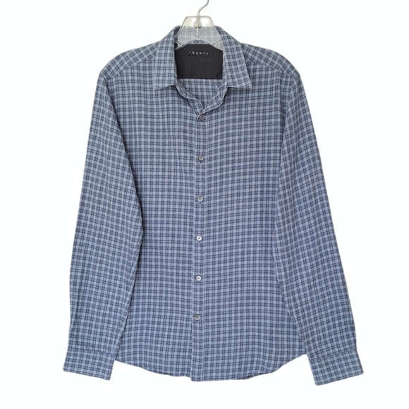 Theory 100% Cotton Blue Plaid Button Down Business Casual Cowboy Gorpcore - Picture 1 of 6